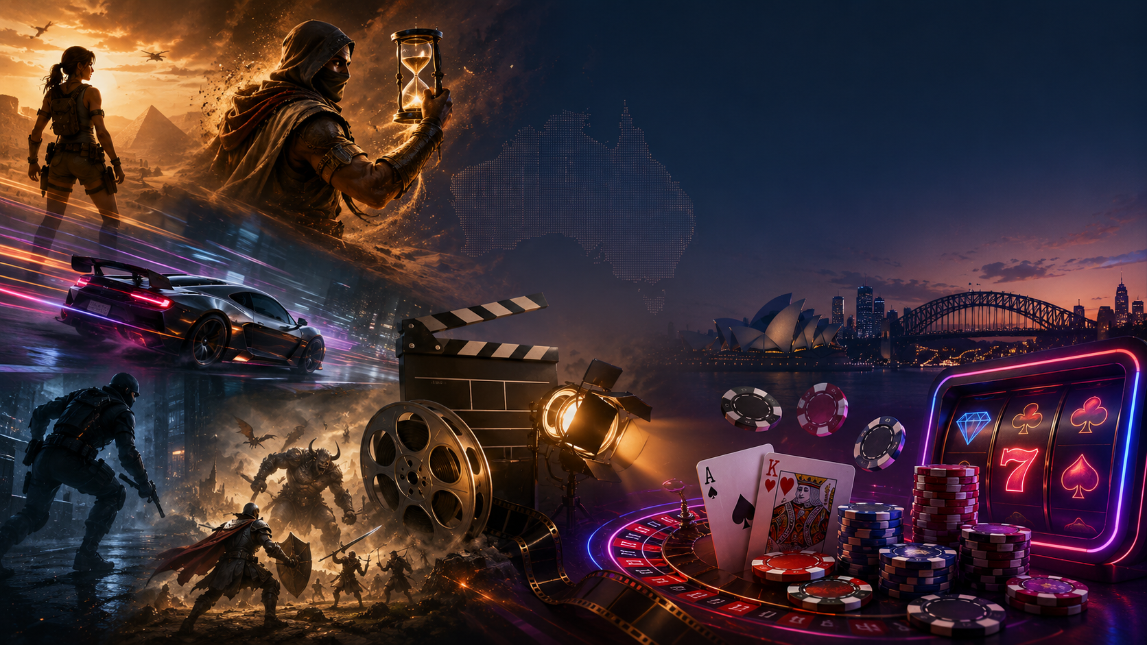Collage-style entertainment and casino theme illustration